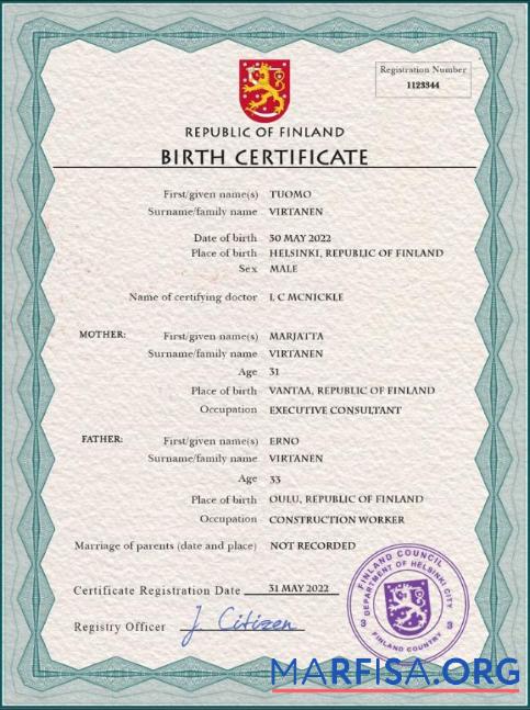 Blank Finland vital record birth certificate PSD template